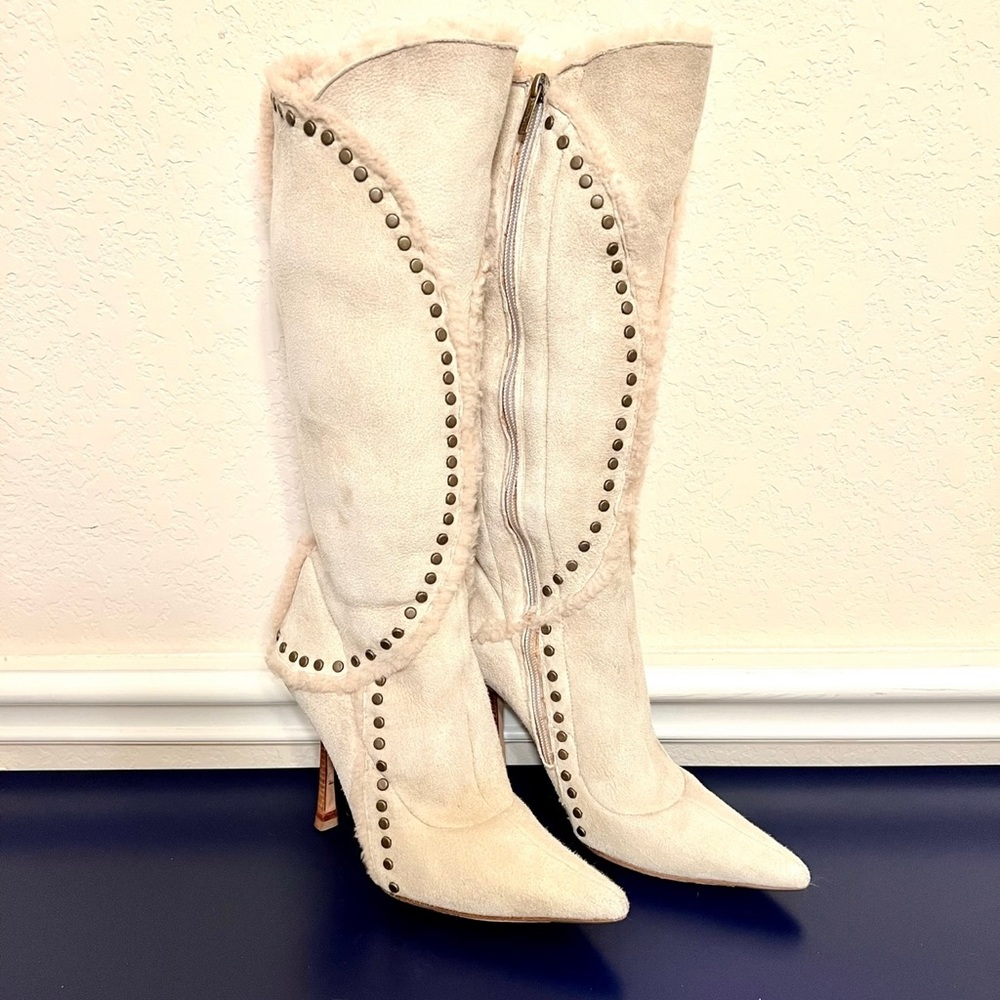 Jimmy Choo Beige Suede Shearling Studded High Heel Boots Sz38.5
